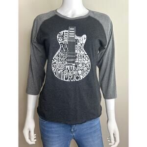 LA Pop Art Raglan Baseball Rock‎ Guitar Head Word Art T Shirt Women Small GUC